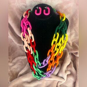 3-piece SJ Chain Link Zaria Necklace, Earring and Bracelet Set (Multi/Pink)